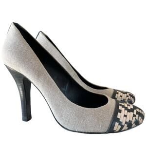 TORY BURCH Woven Leather 3" Stiletto Heels Pumps Sz 9 Blue Tan Round Cap Toe